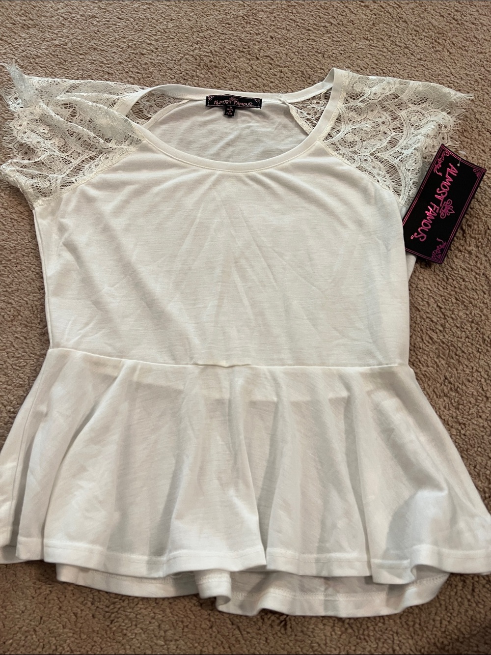 Almost Famous White Peplum Top with Lace Cap Sleeves